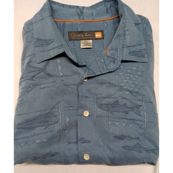 Quicksilver Waterman Shirt Medium Blue Fish Print Button Up Short Sleeve Mens - Picture 11 of 11